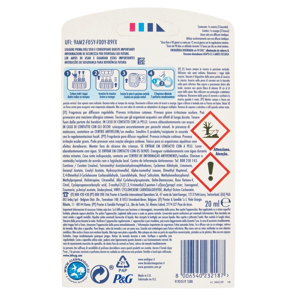 Ambi Pur Profumatore per Ambienti 3Volution, Lenor Oro e Fiori di Vaniglia, Ricarica 20ml
